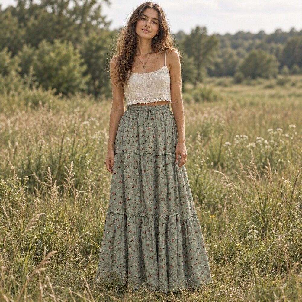 Laurel Grey XL Sage Green Floral Tiered Maxi Skirt Boho Cottagecore Prairie